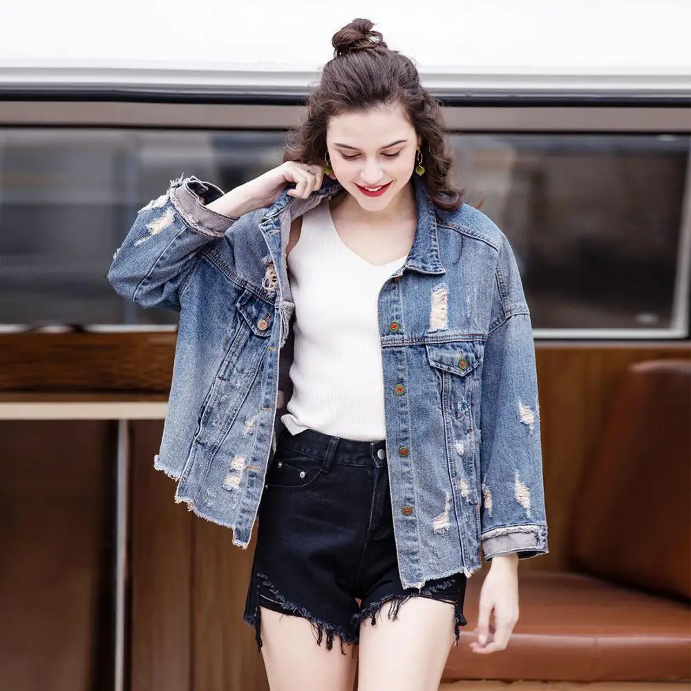 

Ms. Spring New Hand-worn Single-breasted Denim Jacket Distressed Irregular Loose Top