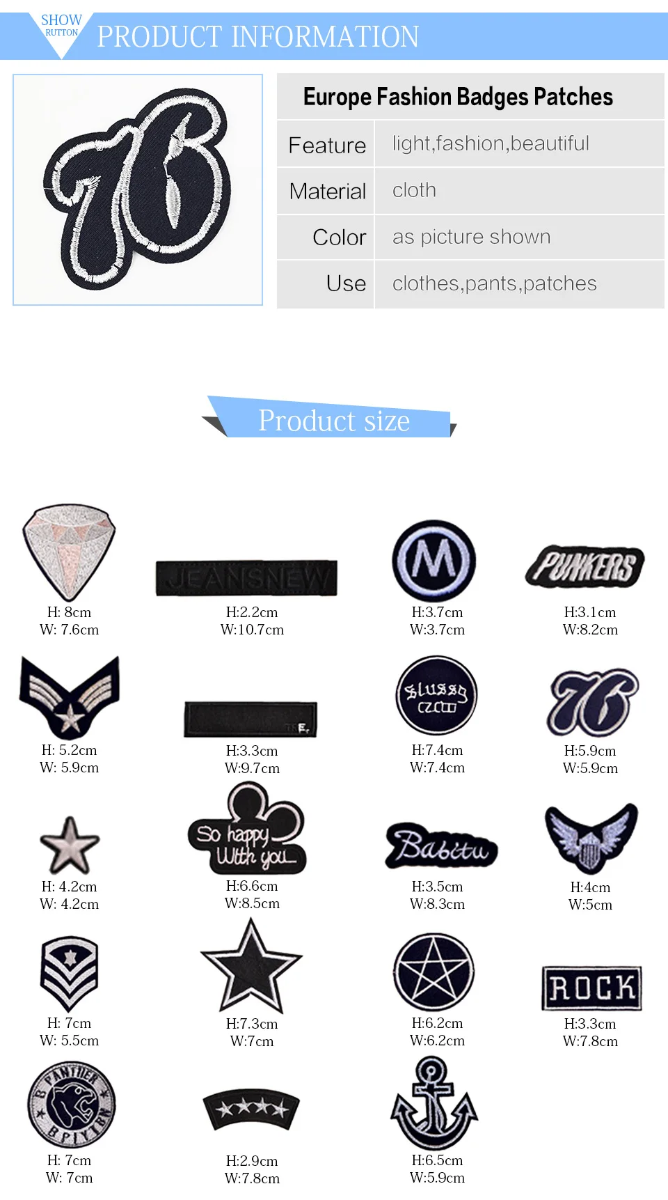 Black Embroidery Iron On Patches Stars Anchor Diamond Panther Punk Rock Patch DIY Badges For Clothes Jacket Clothing-(1) ZF021-ZF040