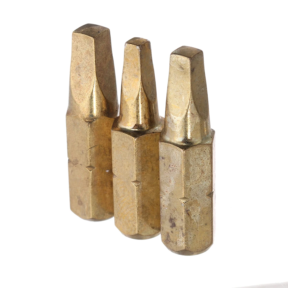 

Broppe 3pcs 25mm S1 S2 S3 Square Shaped Screwdriver Bits 1/4 Inch Hex Shank Electroplating Bronze Hand Tools