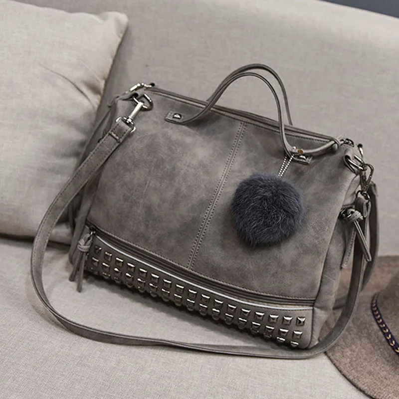 خمر بو الجلود المرأة حقيبة برشام أكبر حقائب سيدات الشعر الكرة حقيبة كتف دراجة نارية Crossbody حقائب للنساء رسول