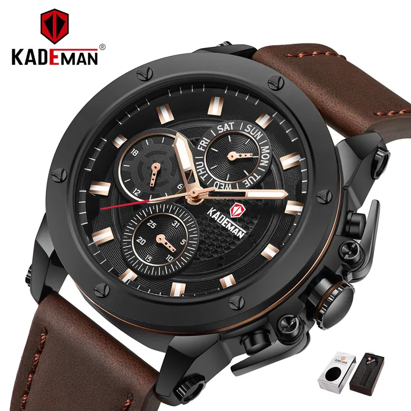 

KADEMAN Men Quartz Watch Creative Dials Calendar Waterproof Army Military Sports Wrist Watch Top Brand Luxury Leather Male Clock