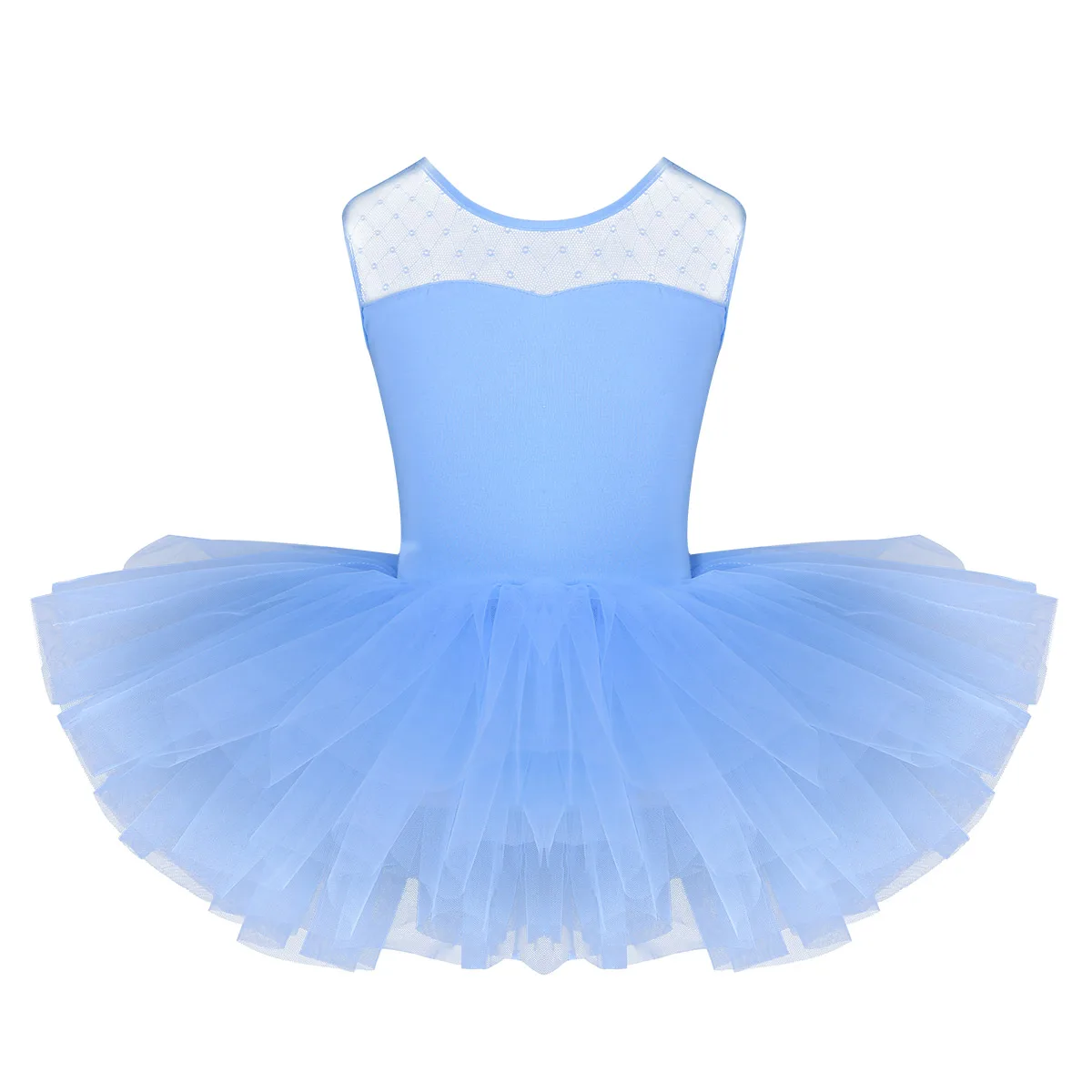 Детское платье-пачка для девочек с короткими рукавами и лирическим классическим стрейчевым сетчатым соединением и u-образной спинкой, балетное танцевальное гимнастическое трико - Цвет: Light Blue