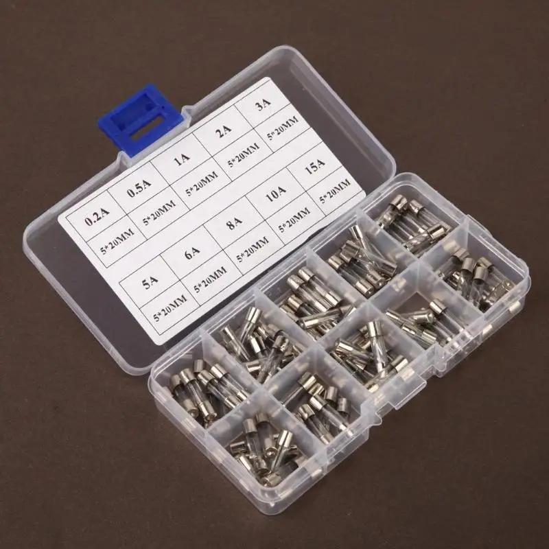 100Pcs/lot 5x20mm Fast-blow Glass Tube Fuses Quick Blow Car Glass Tube Fuses Assorted Kit Amp 5X20 0.2/0.5/1/2/3/5/6/8/10/15A