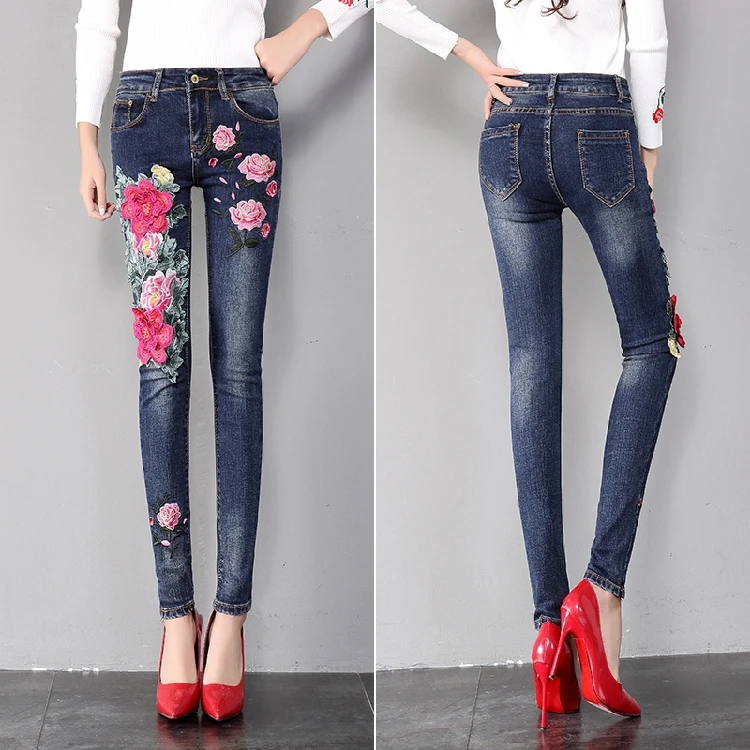 Женские джинсы с цветочной вышивкой, джинсы с цветочной вышивкой пионов, обтягивающие джинсы больших размеров, Стрейчевые узкие брюки