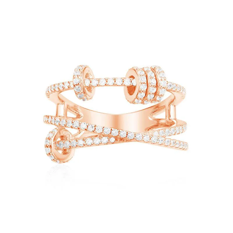 

SLJELY Fashion 925 Sterling Silver Pink Three Line Trio Ring with Sliding Circle Rings Full Zircon CZ Stone Women Monaco Jewelry
