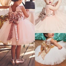 Платья принцессы без рукавов с блестками для девочек нарядное платье на свадьбу для малышей Детское кружевное платье с большим бантом, лучшие подарки