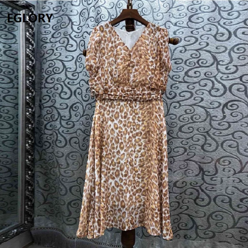 

Latest Designer Fashion Summer Dress 2019 Women V-Neck Sexy Wild Leopard Print Sleeveless Mid-Calf Length Casual Silk Dress
