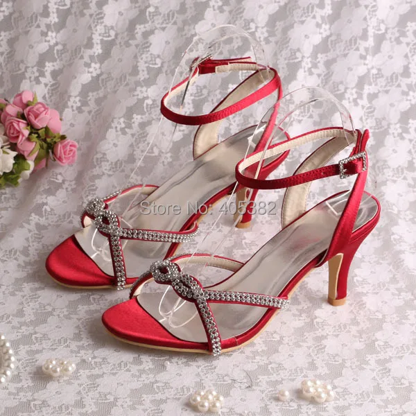 

Wedopus Simple Design Wine Red Bridal Crystal Women Sandals for Wedding Mid Heel Small Size