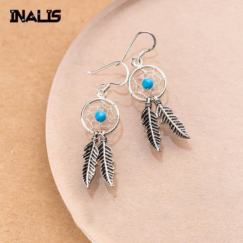 

INALIS New Ethinic Punk Drop Earring 925 Sterling Silver Single Turquoise Round Net with Feather Dangle Brincos Ear Hook Gift
