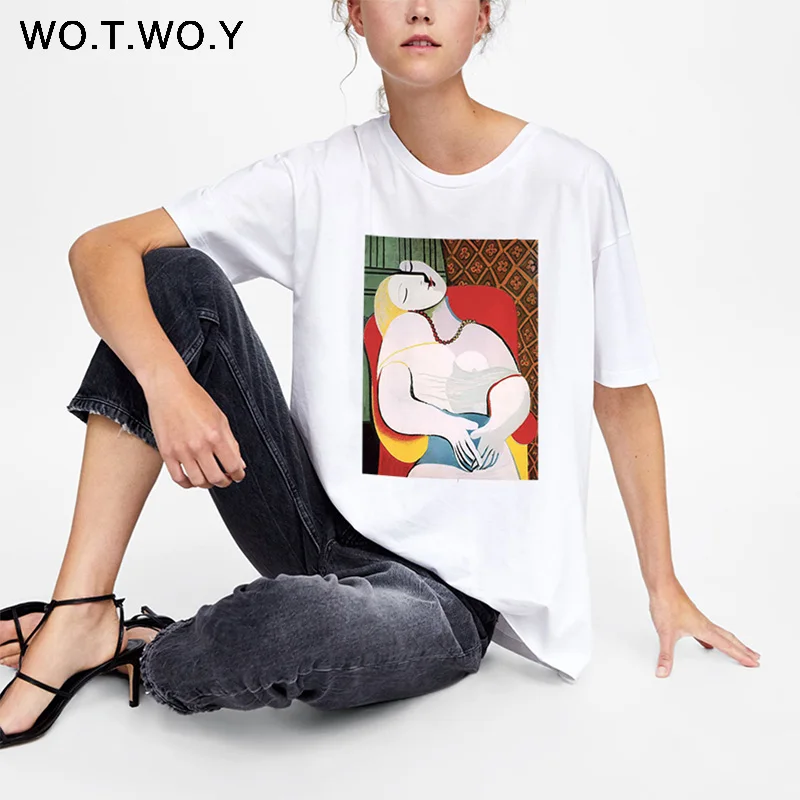 

WOTWOY White Black Summer Tshirts Women Cotton Funny Print O-neck Short Sleeve Tees Women Harajuku Graphic Tees Women Tops 2019