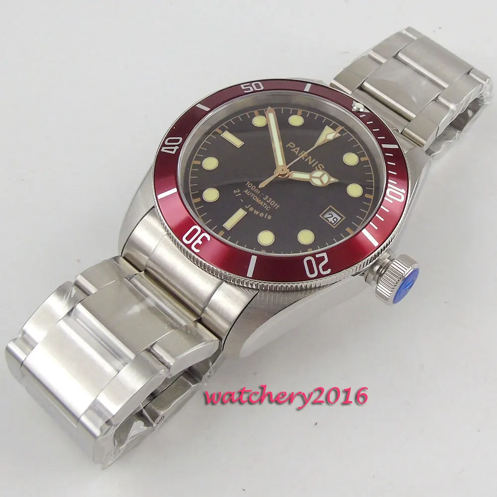 2019 New styles 41mm parnis Black dial Luminous Hands Date Sapphire Crystal 21 jewels MIYOTA Automa