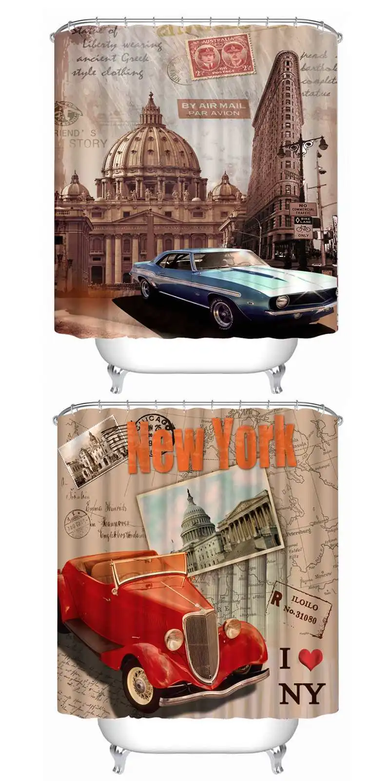 72x72 -Inch Completely Polyester Colormix Car Series Shower Curtains with 12 Rings