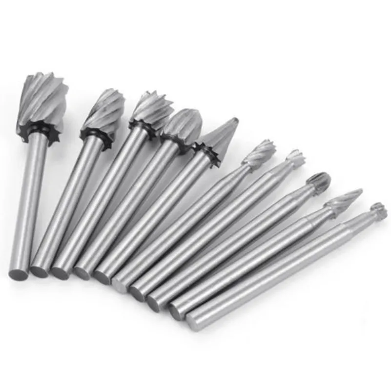 10 PCS/SET HSS Milling Drilling Set Dremel Carbide Rotary Burrs Stone Metal Root Carving Cutter Wood Tools 3.9CM |