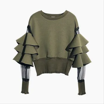 

AILOOGE HIGH QUALITY New 2018 Fall Winter Designer Sweatshirt Women's Cascading Ruffle Sleeve Pullover Sweatshirt