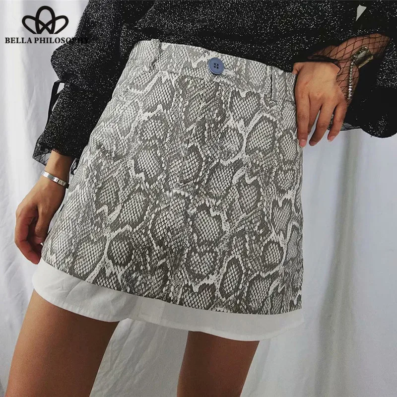 Wonder Fake Two Pieces Mini Skirts Vintage Snake Animal Print Female Pockets Skirts Casual High Waist Lady A-Line Skirts 2019