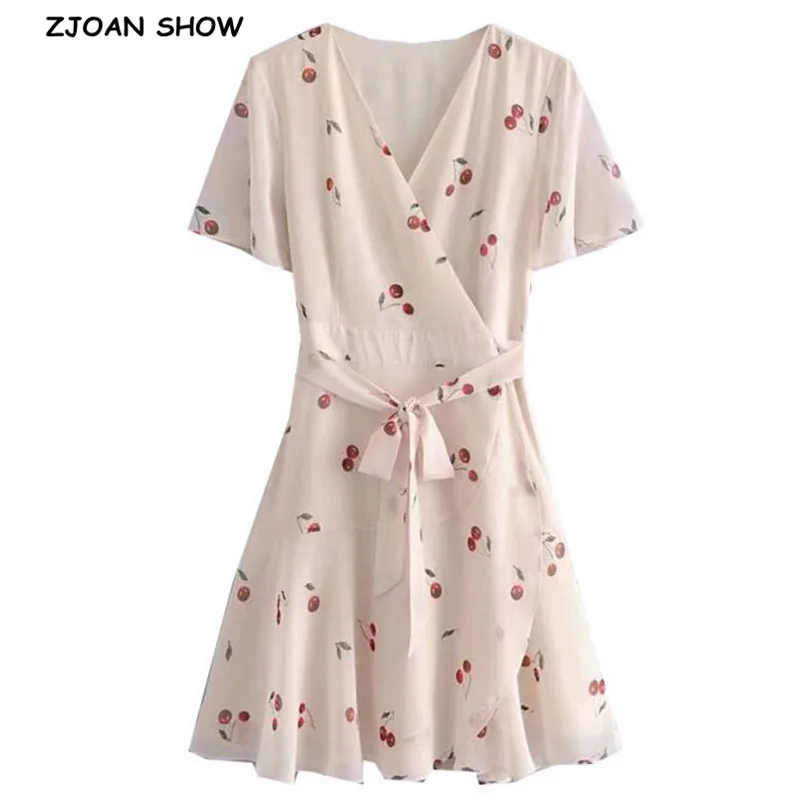 

2019 New Retro Cross V neck Red Cherry Short Wrap Dress Lacing up Waist Split Slim Fit Women Short sleeve Tea Dress Ruflfles