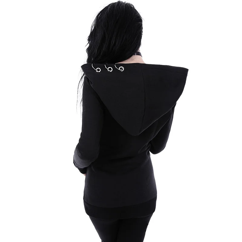 Women Hooded Hoodies Punk Iron Ring Printed Plus Size Sweatshirts Autumn Black Jacket Zipper Coat 2018 Fashion Hip Hop Tops