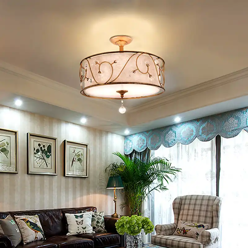 Large Drum Shape Ceiling Lights Fabric Shade Bloom Crystal Flower