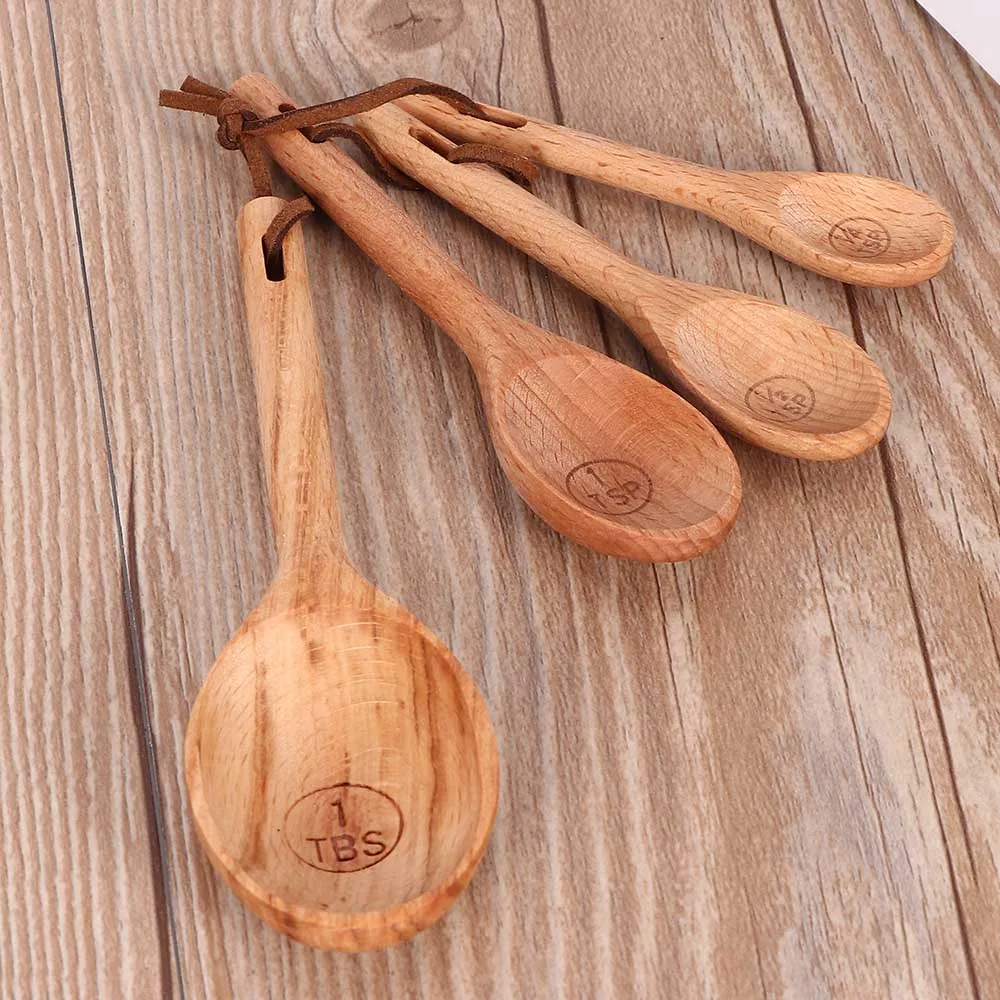 

4pcs/Set Wooden Measuring Spoons Natural Wood Spoon Set Useful Spice Sugar Salt Measuring Scoop Baking Tools