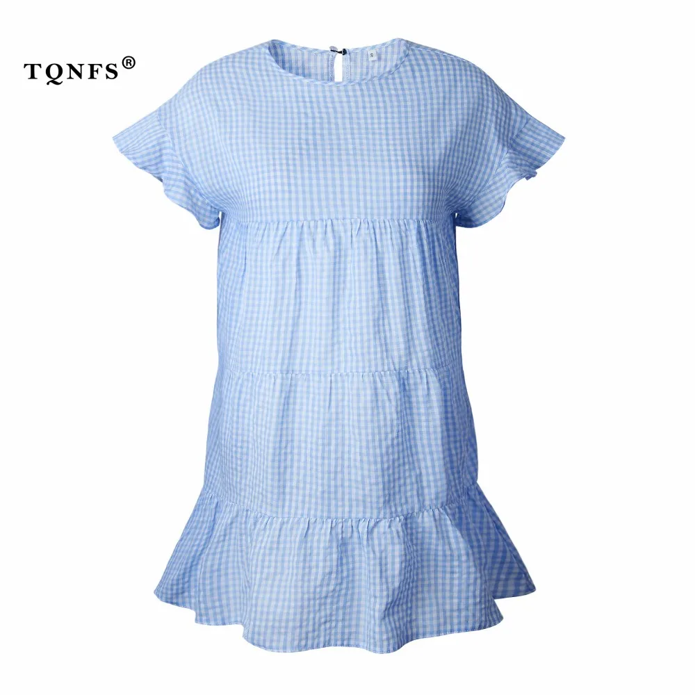 TQNFS Plaid Summer Dress Women Short Sleeve O Neck Casual Loose Dress