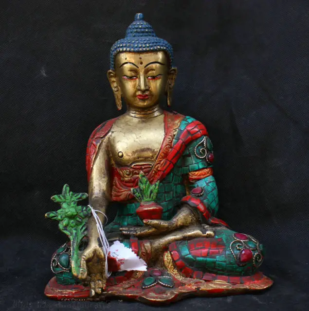 

Chinese Folk Fengshui Old Antique Copper Turquoise Gild Statue Medicine Buddha