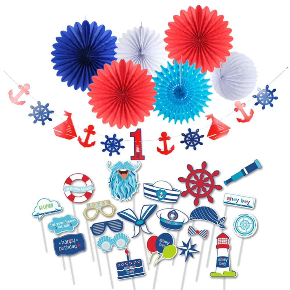 

Ahoy Boy Nautical Birthday Party Decoration Kit Photo Booth Props Anchor Sailboat Wheels First Banner for Kids Birthday Shower