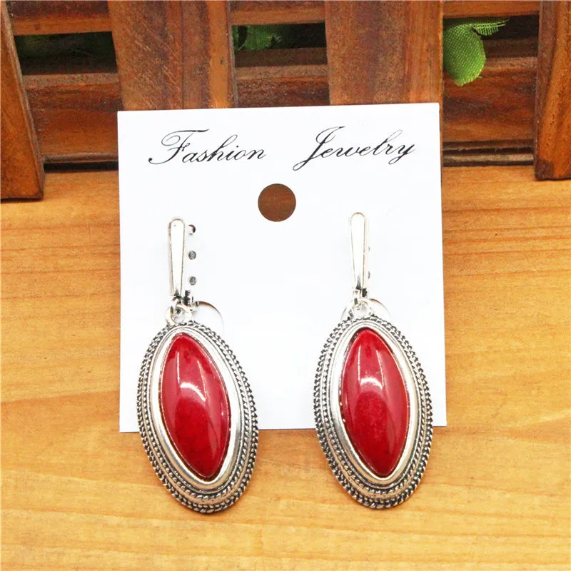 Double Layer Rhombus Red Stone Set Retro Necklace Earrings For Women Antique Silver Plated Fashion Jewelry|Ювелирные наборы| |