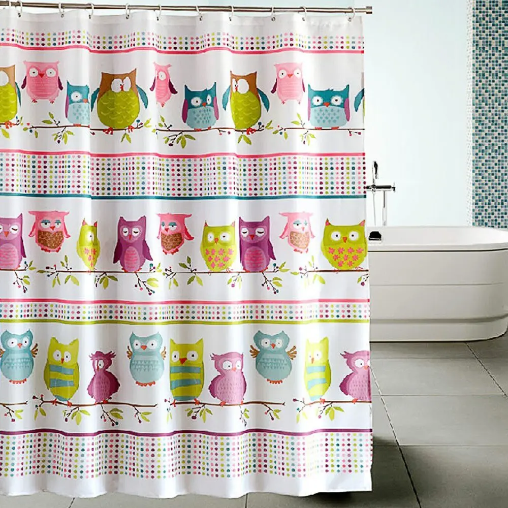 Fun Kids Shower Curtain Simple and Colorful Owl Design Bath Curtain