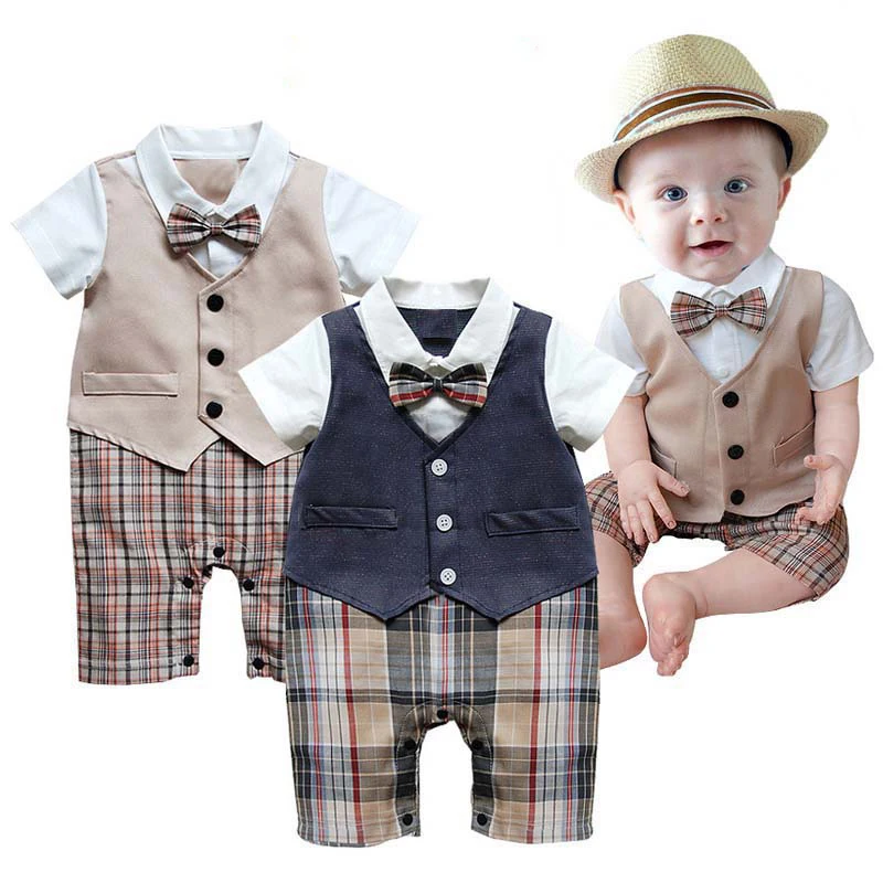 

Summer Baby Boy Romper Waistcoat Plaid Clothes Set Infant Gentleman Rompers Kids Costume Toddler Vest Jumpsuit Newborn Clothing