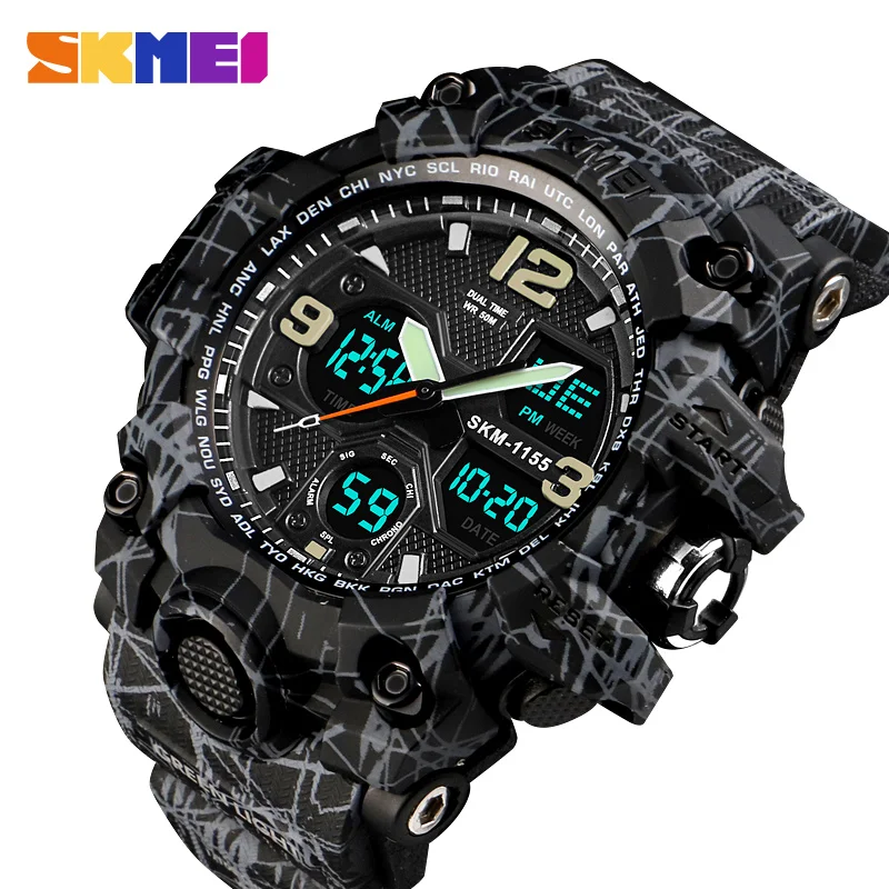 Baratos Relojes deportivos SKMEI de lujo estilo vaquero reloj de cuarzo Digital de moda para hombre reloj de pulsera militar impermeable reloj