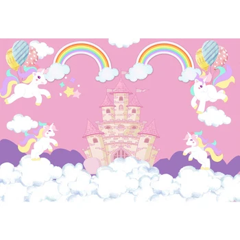 

MEHOFOTO Cartoon Unicorn Castle Rainbow Clouds Baby Party Photography Backgrounds Customized Photo Backdrops for Photo Studio