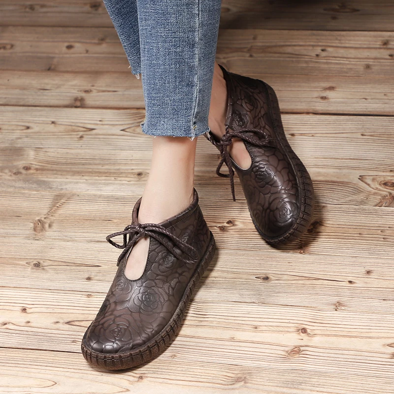 

Lace-Up Rose Design Women Cow Leather Boots Low Block Heel Female Ankle Booties Embossed Flower Lady Heeled Shoes