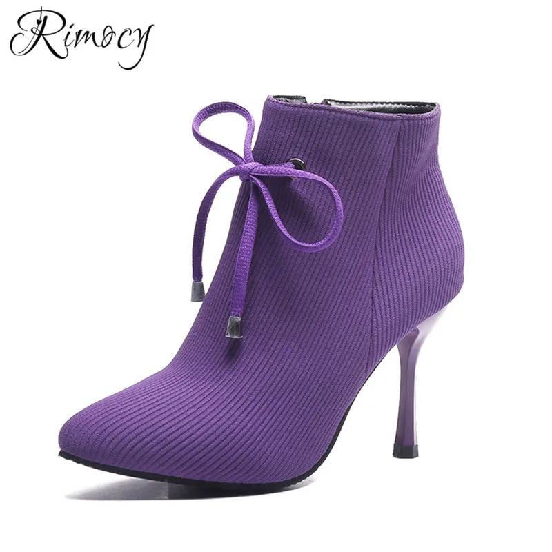 

Rimocy purple shoes woman knitted botines femme solid black ankle boots for women winter plush liner botas mujer thin heel shoes