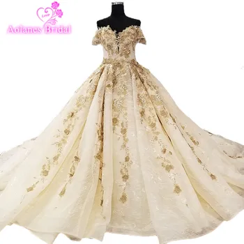 

2018 Luxury Champagne Lace Wedding Dresses Sleeveless Sweetheart Cathedral Train Off The Shoulder Vestido Noiva Gelinlik Lamya
