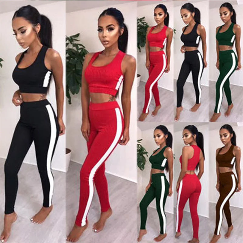 

SALSPOR Women Polyester Sets Casual Short Slims Vest High Waist Push Up Side Stitching White Striped Workout 2 Piece Sets Female