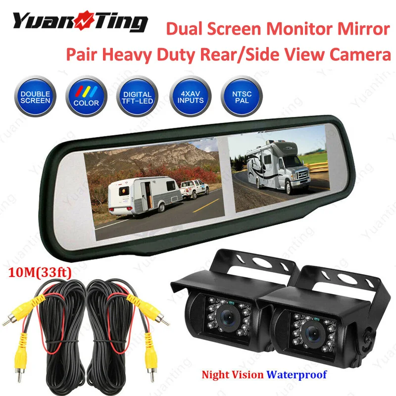 YuanTing RV трейлер 2* Ночной Vison резервная камера заднего вида с 4,3 дюймов заднего вида Двойной экран монитор зеркало комплект