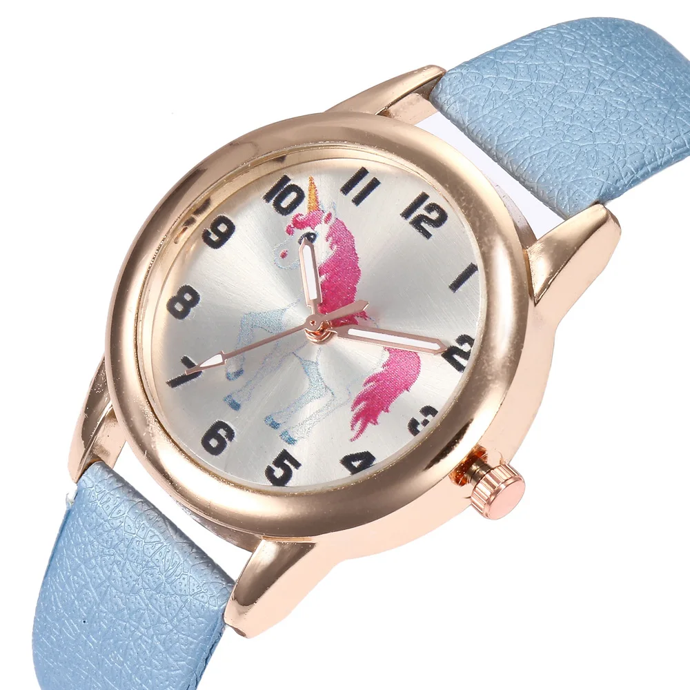 Детские часы модные милые Мультяшные Единорог Кожаный ремешок женские наручные часы классические цифровые Девочки Мальчик женские часы