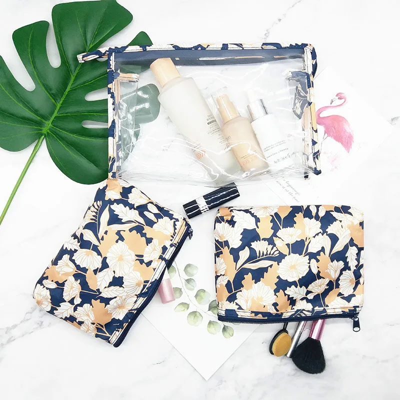 

PACGOTH Trendy Flamingo Leaf Makeup Bags Set Transparent PVC Cosmetic Bag Travel Large Storage Waterproof Toiletry Bag, 3PCs/Set