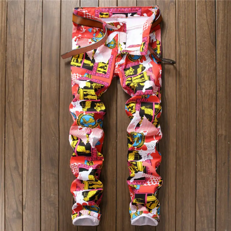 

Red Blue Jeans Men Slim Fit Elastic Hipster Floral Printed Skinny Mens Jeans Brand Tights Denim Pencil Pants Jogger Male Trouser