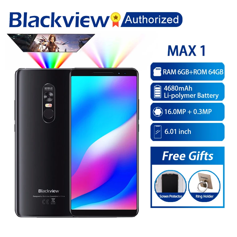 Blackview MAX 1 MT6763T Android 8,1 мобильный телефон Мини проектор передвижной домашний кинотеатр 6 ГБ + 64 ГБ NFC OTG LTE 6,01 ''смартфон MAX1