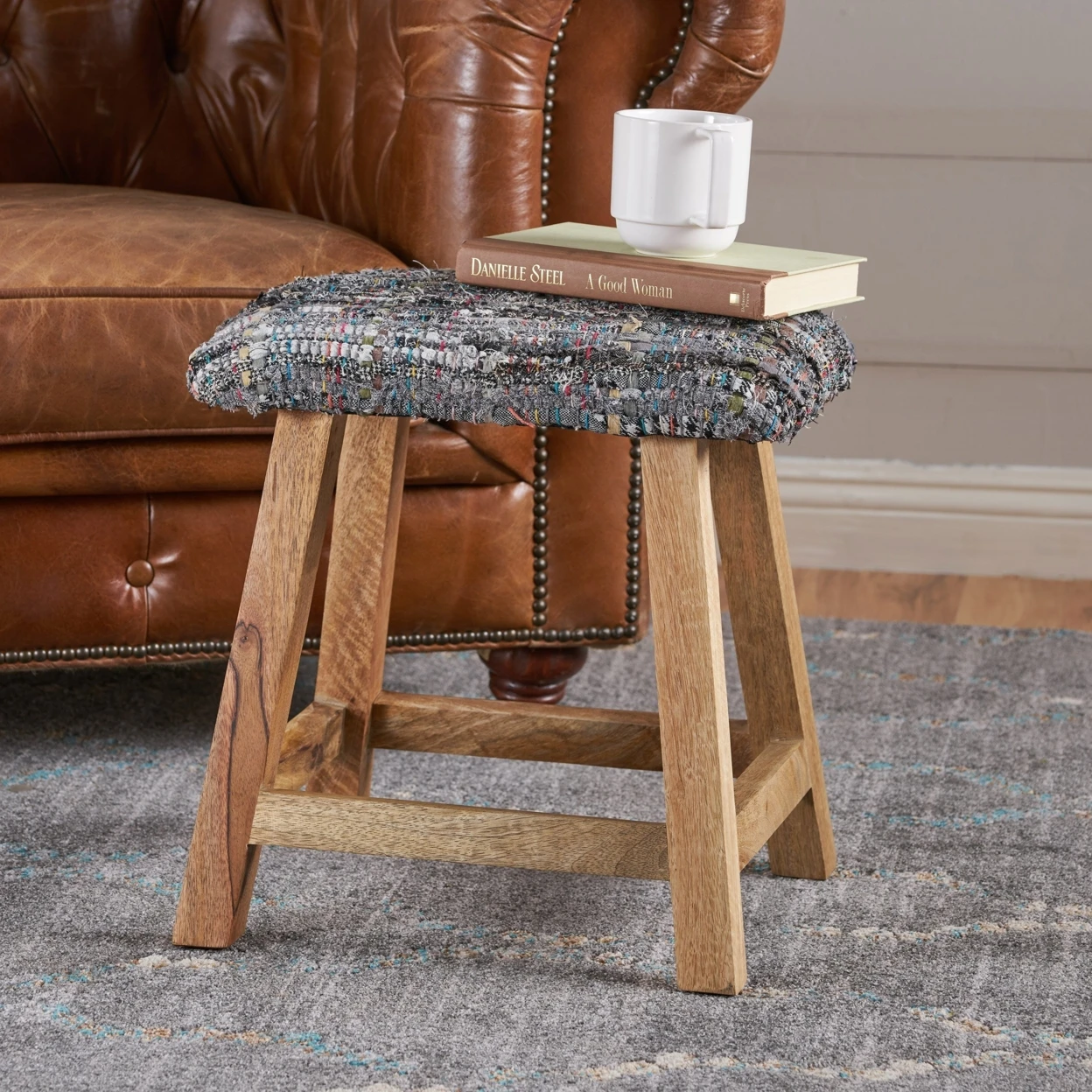 Reese Mixed Color Fabric Handmade Wood Stool (1)