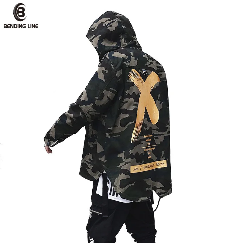 

Jackets Men X Print Camouflage Jacket Tracksuit Hooded Zipper Coats Hip Hop Fashion Male Loose Windbreaker Streetwear US Size