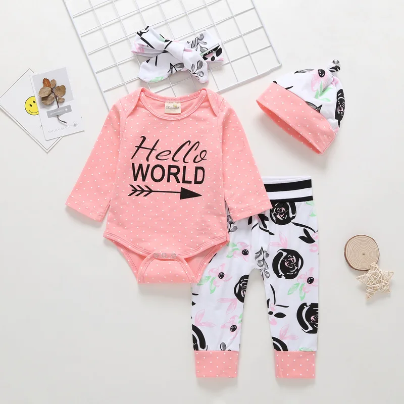 

Cukoe Newborn Infant Baby Girls Clothing Sets Cotton Summer Jumpsuit + Pants Baby Girls Clothes with Hat + Hairband 4PCS