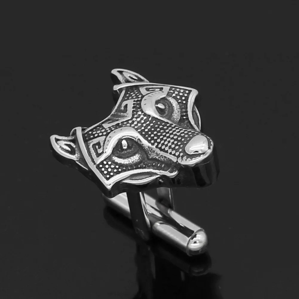 

2Pcs Stainless steel Nordic Viking Norse Small amulet rune Wolf Head Cufflinks with valknut gift bag