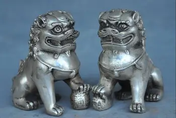 

2" china silver fengshui Auspicious wealth foo dog lion Guardian beast statue