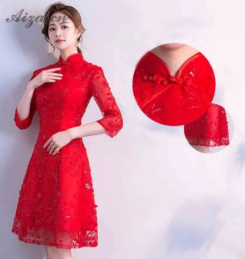 Moda novia corto Cheongsam модерано rojo mujeres boda chino, vestido Qipao estilo Восточное мини vestidos de algodón Qi Pao