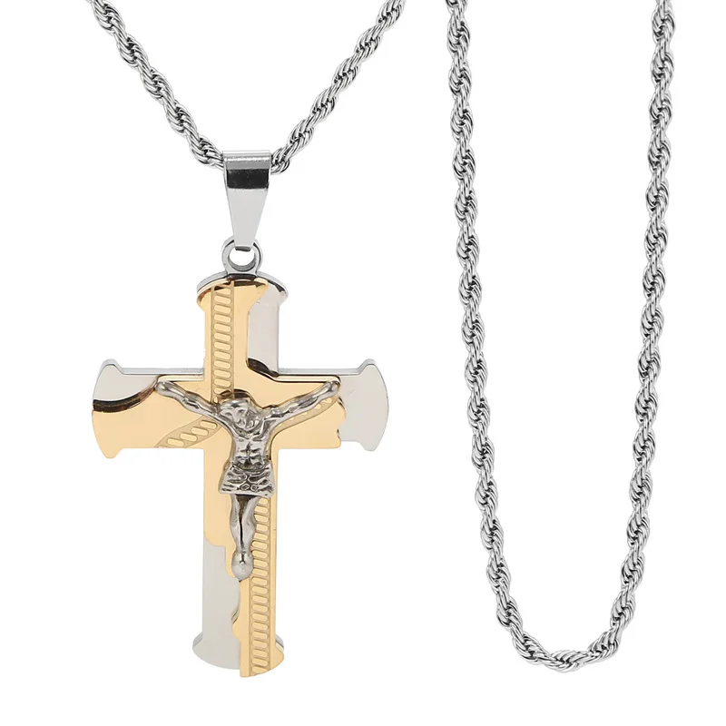 Fashion gold/Silver tone stainless steel Cross pendant rope Chain Necklace Manin Pendants from
