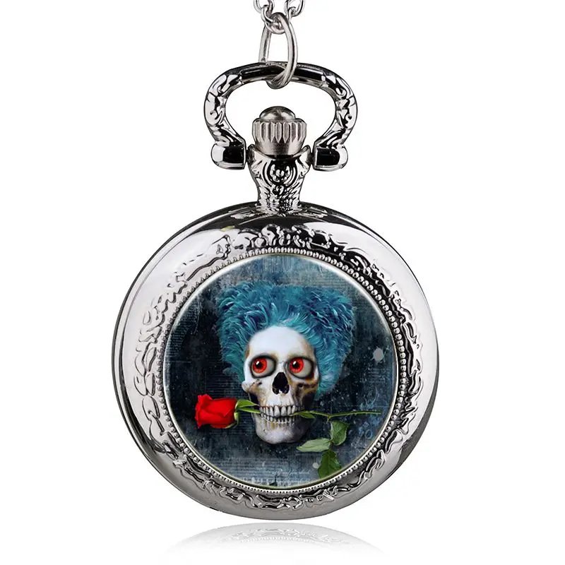 Steampunk Gothic Style Vintage Cool Evil Skull Pocket Watch Necklace Pendant with Chain Gift