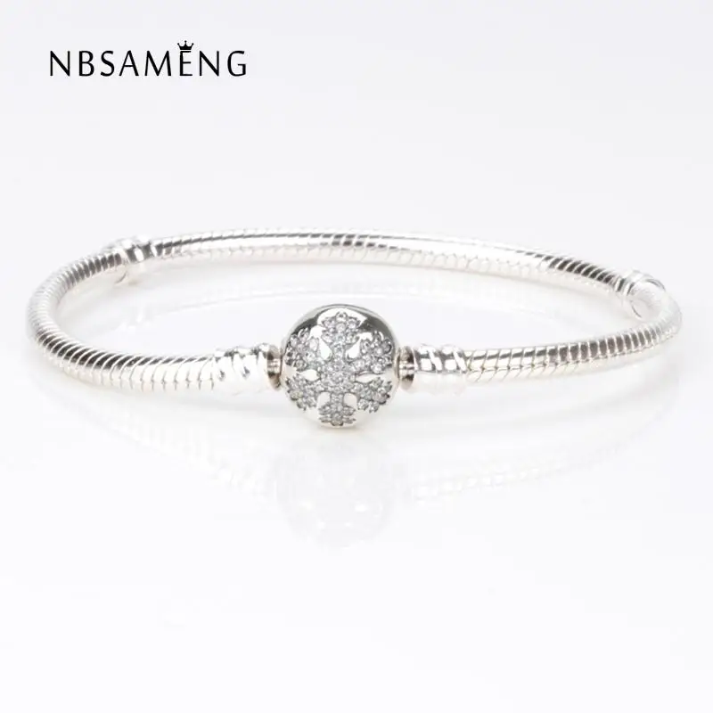 

Real 925 Sterling Silver Original Moments Unique Snowflake ,Clear CZ Snake Chain Bracelet Fit Pan Bangle Bead Charm DIY Jewelry