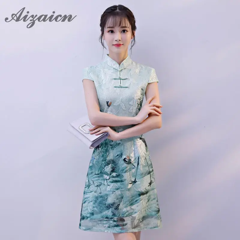 2018 Новое поступление китайское платье Чонсам Для женщин короткий рукав район кран Qipao классический цветочный сексуальное мини-платье